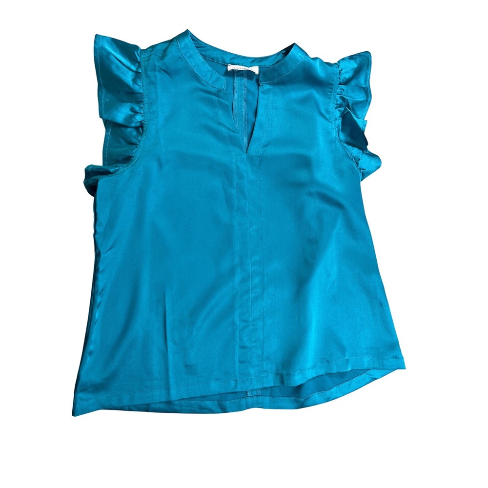 AnnieWear Turquoise Satin Flutter Sleeve Blouse Womens Small Split Neck Silky